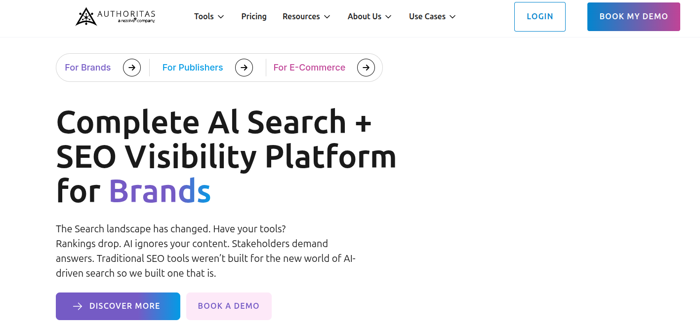 Screenshot of the Authoritas homepage, a complete AI search and SEO visibility platform for brands.