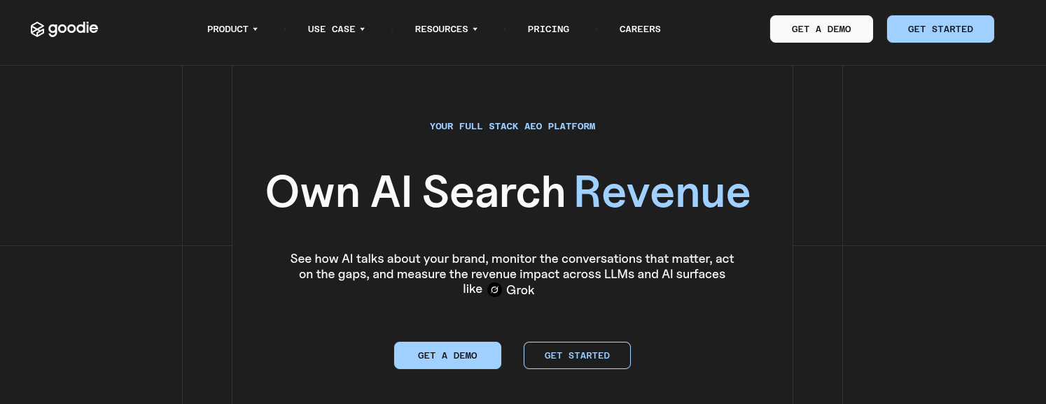Screenshot of the Goodie homepage, a full-stack AEO platform for owning AI search revenue.