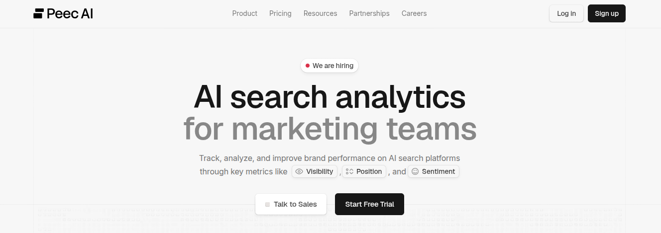 Screenshot of the Peec AI homepage, an AI search analytics tool tracking visibility, position, and sentiment.