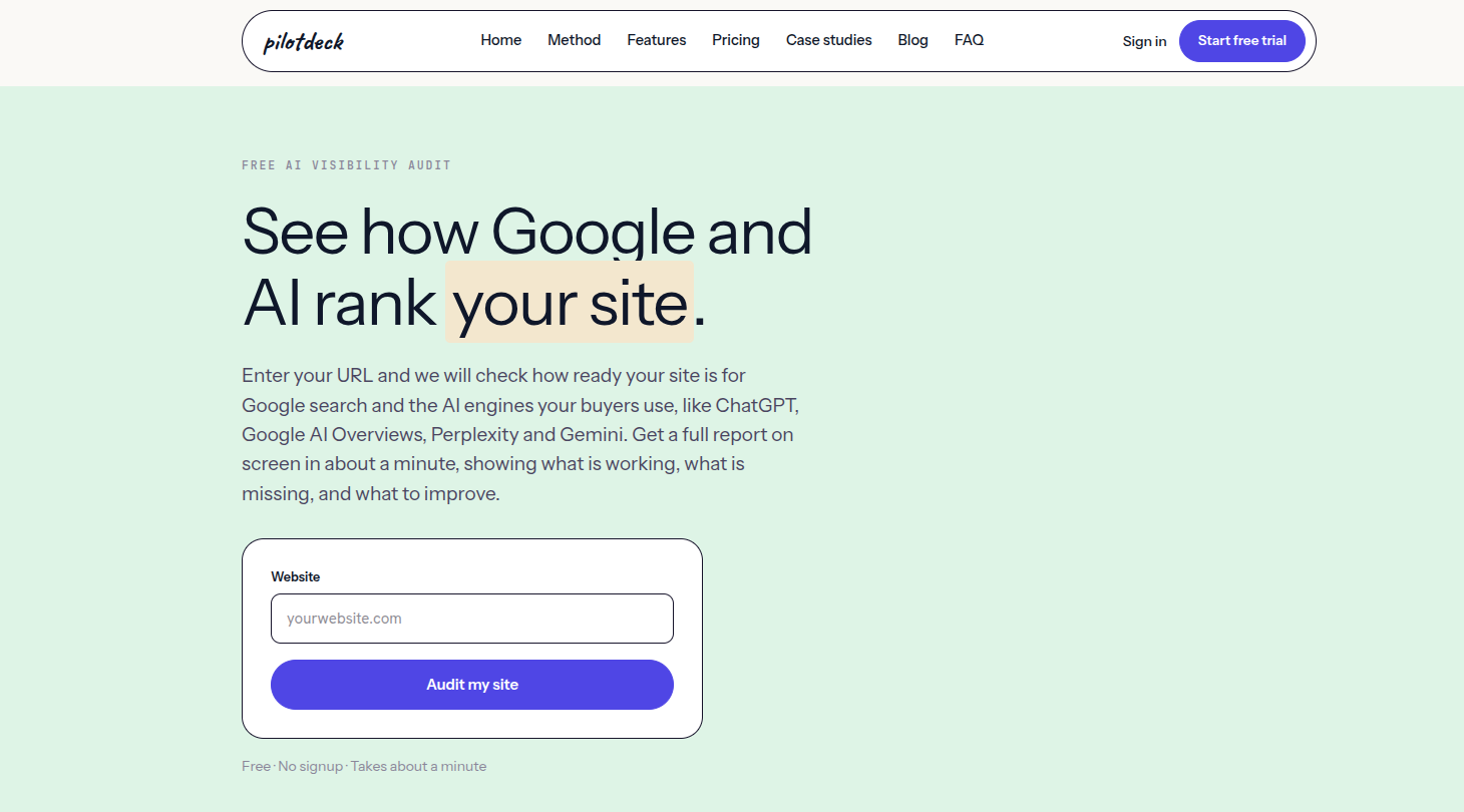 Screenshot of PilotDeck's free AI visibility audit tool, which checks how Google and AI engines like ChatGPT, Google AI Overviews, Perplexity, and Gemini rank a site.