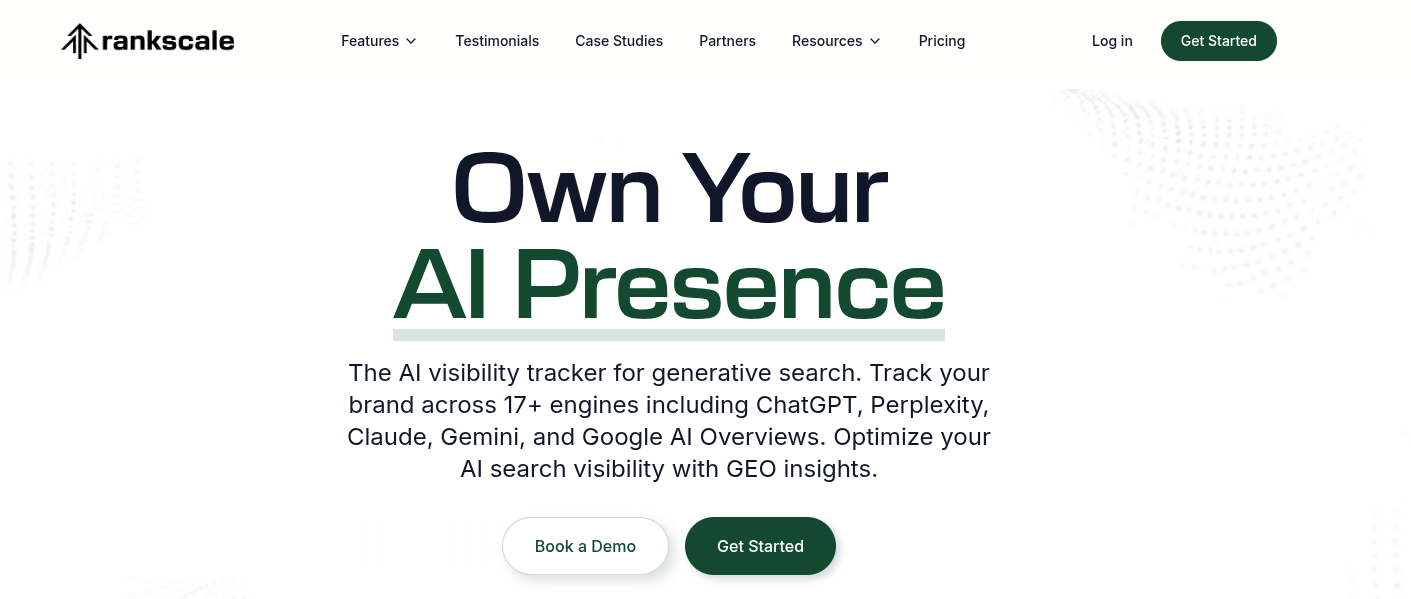 Screenshot of the Rankscale homepage, an AI visibility tracker covering 17+ generative search engines.